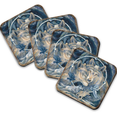 A set of four coasters featuring a painting of a wolf and birds against a night sky background.