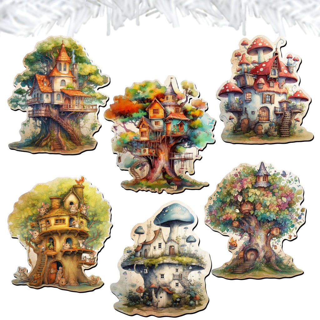 Tree House Clip-On Eco Wood Decorative Ornaments Set of 6 by G. Debrekht - Christmas Decor - 8090026C-S6