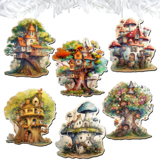 Tree House Clip-On Eco Wood Decorative Ornaments Set of 6 by G. Debrekht - Christmas Decor - 8090026C-S6