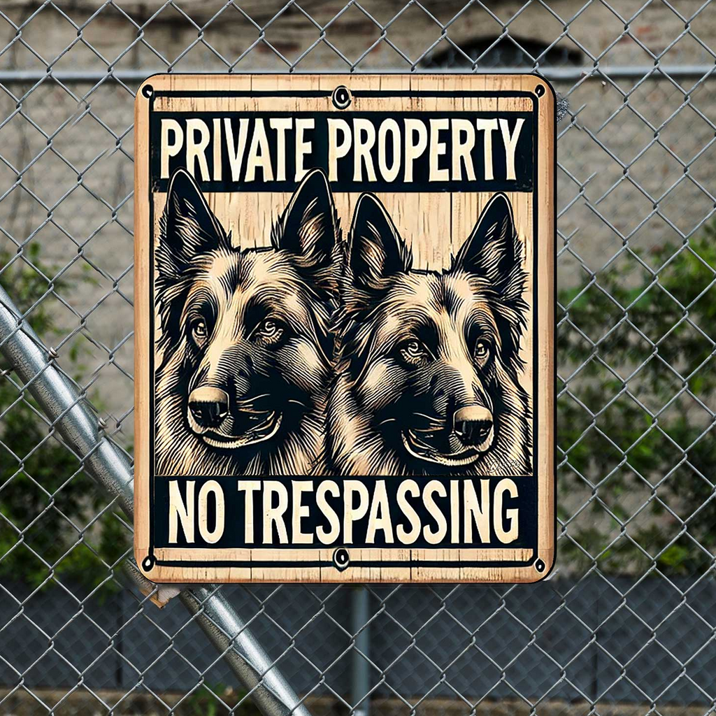 a sign with a picture of two German Shepherds and the text 