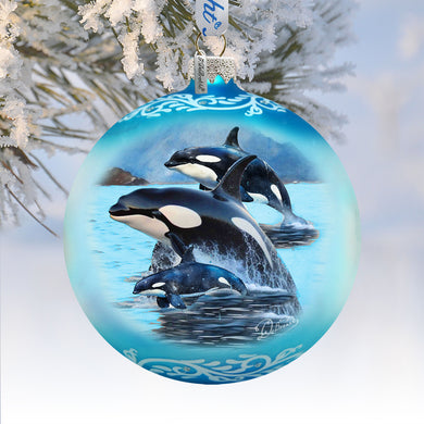 Orca Family Glass Ornament – Handcrafted Mercury Glass Ornament - Coastal Wildlife Holiday Decor by G. DeBrekht – 73391