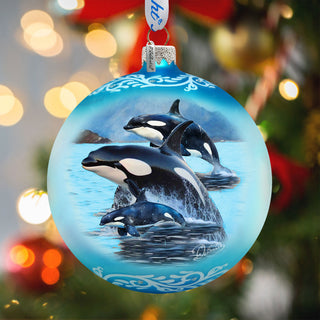 Orca Family Glass Ornament – Handcrafted Mercury Glass Ornament - Coastal Wildlife Holiday Decor by G. DeBrekht – 73391