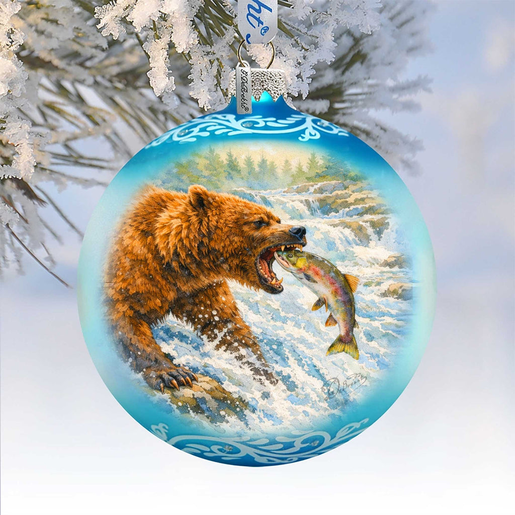 Grizzly Bear Fishing Glass Christmas Ornament – Hand-Painted Holiday Splendor Ornament by G. DeBrekht – 73404