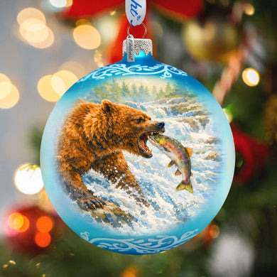 Grizzly Bear Fishing Glass Christmas Ornament – Hand-Painted Holiday Splendor Ornament by G. DeBrekht – 73404