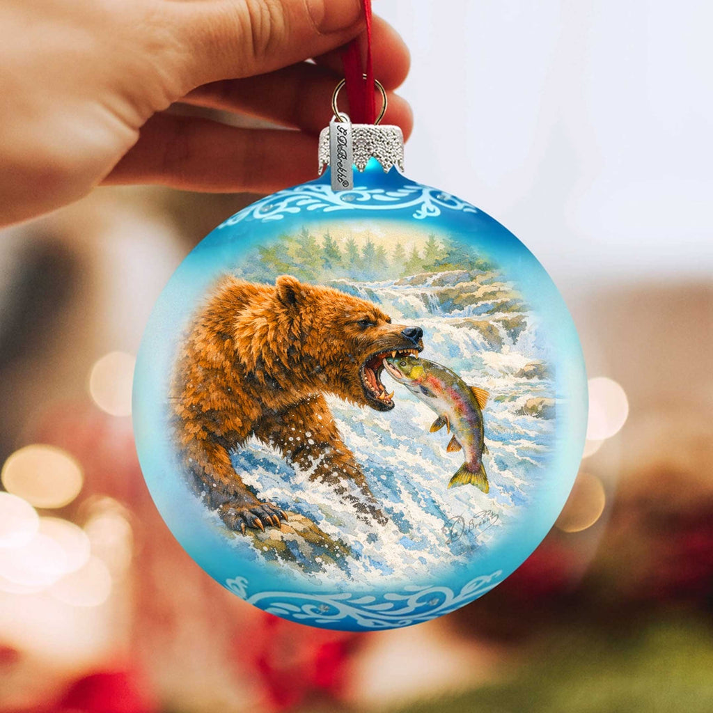 Grizzly Bear Fishing Glass Christmas Ornament – Hand-Painted Holiday Splendor Ornament by G. DeBrekht – 73404