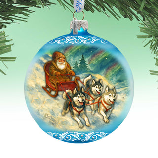 Santa Dog Sled Limited Edition Glass Christmas Ornament – Husky Winter Collectible by G. DeBrekht – 73980
