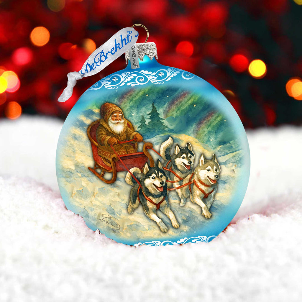 Santa Dog Sled Limited Edition Glass Christmas Ornament – Husky Winter Collectible by G. DeBrekht – 73980