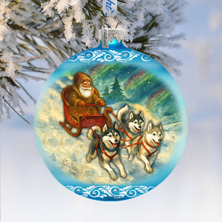 Santa Dog Sled Limited Edition Glass Christmas Ornament – Husky Winter Collectible by G. DeBrekht – 73980