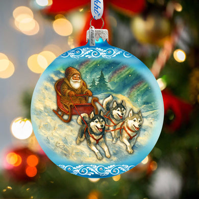 Santa Dog Sled Limited Edition Glass Christmas Ornament – Husky Winter Collectible by G. DeBrekht – 73980