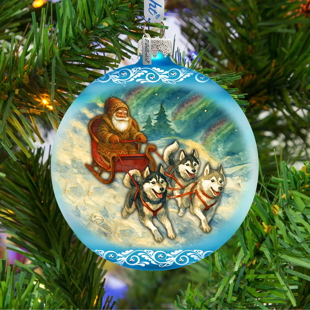 Santa Dog Sled Limited Edition Glass Christmas Ornament – Husky Winter Collectible by G. DeBrekht – 73980