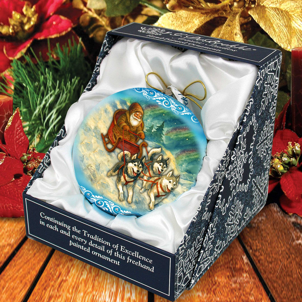 Santa Dog Sled Limited Edition Glass Christmas Ornament – Husky Winter Collectible by G. DeBrekht – 73980