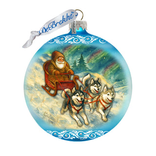 Santa Dog Sled Limited Edition Glass Christmas Ornament – Husky Winter Collectible by G. DeBrekht – 73980
