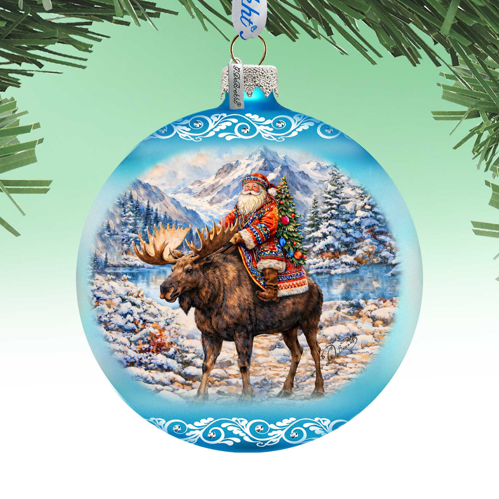 Santa Riding Moose Limited Edition Glass Christmas Ornament – Winter Wildlife Collectible by G. DeBrekht – 73981