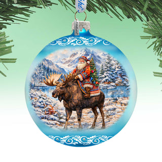 Santa Riding Moose Limited Edition Glass Christmas Ornament – Winter Wildlife Collectible by G. DeBrekht – 73981