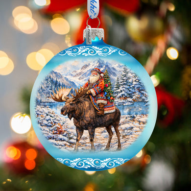 Santa Riding Moose Limited Edition Glass Christmas Ornament – Winter Wildlife Collectible by G. DeBrekht – 73981