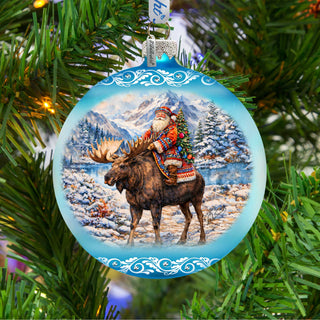Santa Riding Moose Limited Edition Glass Christmas Ornament – Winter Wildlife Collectible by G. DeBrekht – 73981