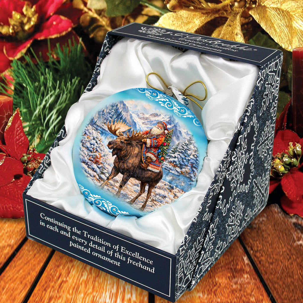 Santa Riding Moose Limited Edition Glass Christmas Ornament – Winter Wildlife Collectible by G. DeBrekht – 73981