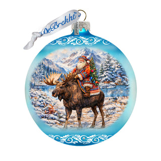 Santa Riding Moose Limited Edition Glass Christmas Ornament – Winter Wildlife Collectible by G. DeBrekht – 73981