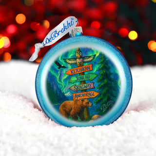 Alaska Adventure Glass Christmas Ornament – Ketchikan Juneau Skagway Anchorage Holiday Splendor Ornament by G. DeBrekht – 744-049