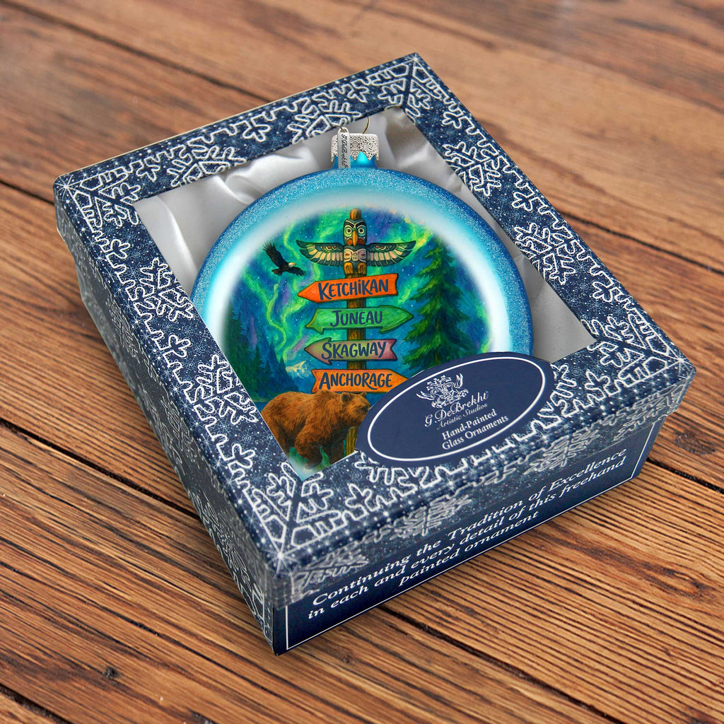 Alaska Adventure Glass Christmas Ornament – Ketchikan Juneau Skagway Anchorage Holiday Splendor Ornament by G. DeBrekht – 744-049