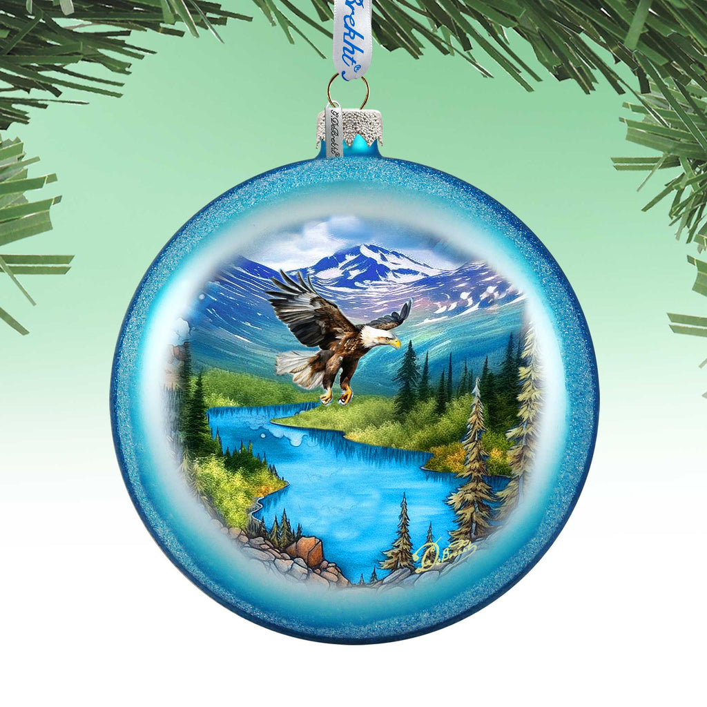 Alaska Eagle Mountain Landscape Glass Christmas Ornament – Wildlife Holiday Splendor Ornament by G. DeBrekht – 744-050