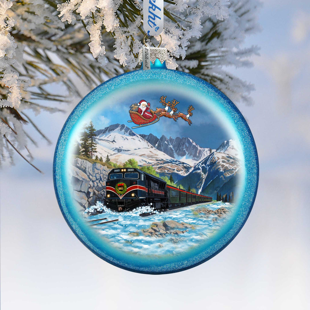 Alaska Railroad Christmas Glass Ornament – Santa Train Mountain Scene Holiday Splendor Ornament by G. DeBrekht – 744-052