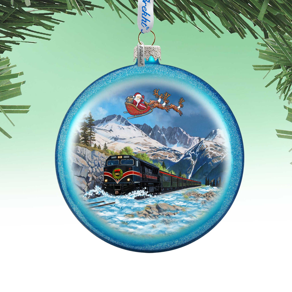 Alaska Railroad Christmas Glass Ornament – Santa Train Mountain Scene Holiday Splendor Ornament by G. DeBrekht – 744-052