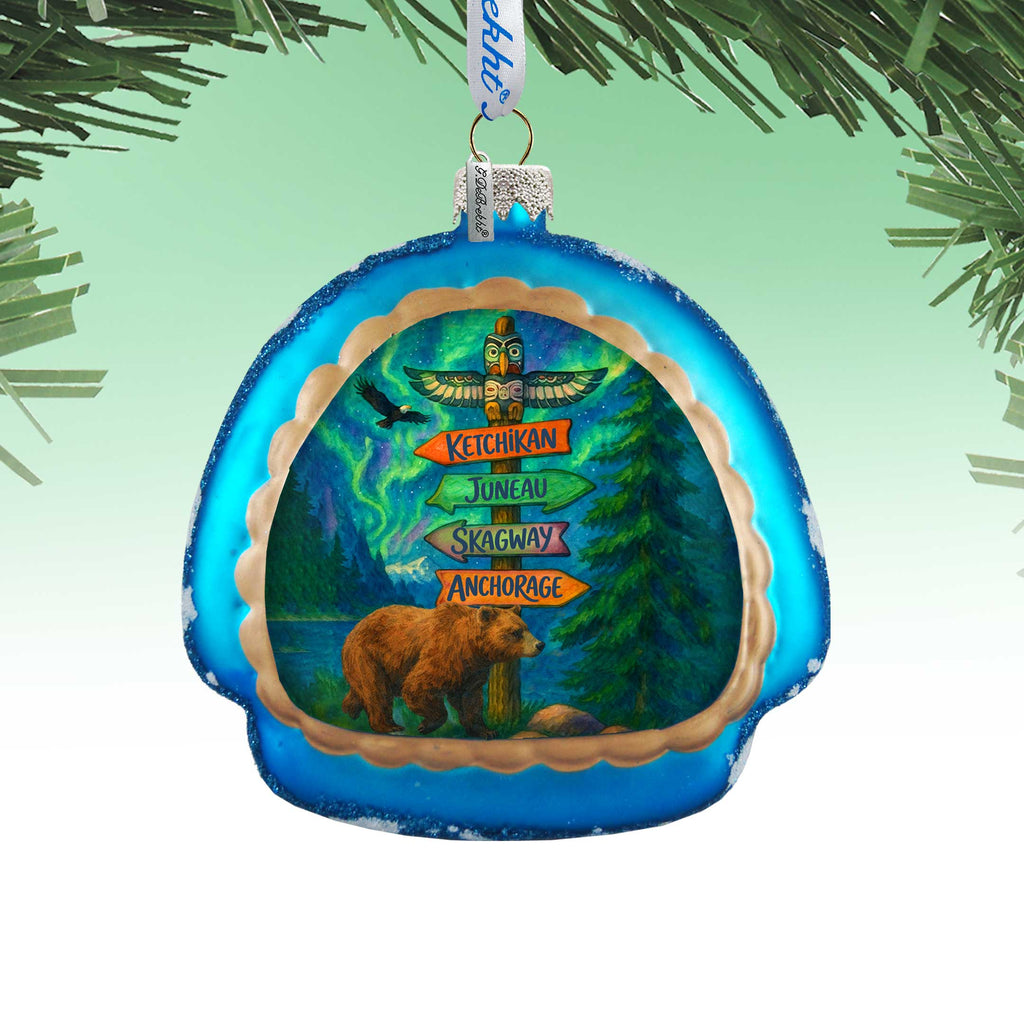 Alaska Bear & Totem Sign Glass Christmas Ornament - 756-028