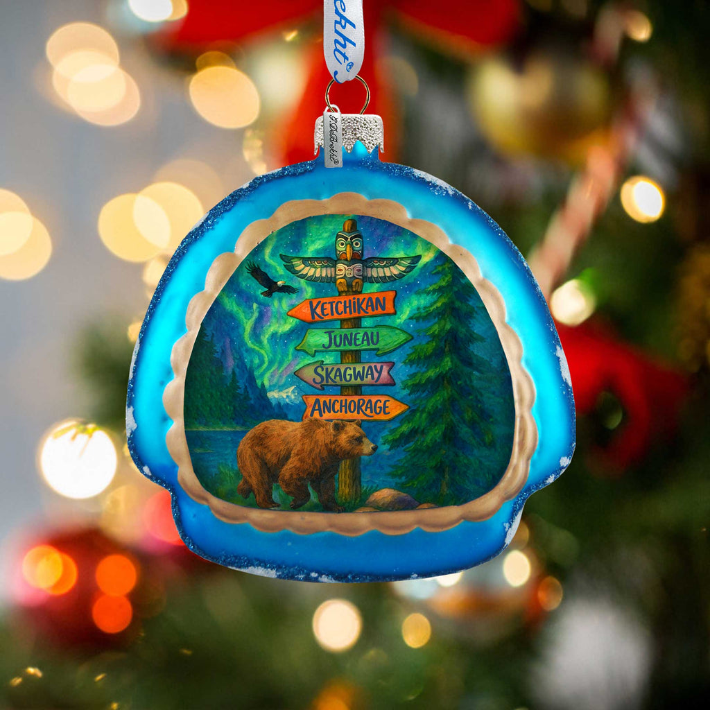 Alaska Bear & Totem Sign Glass Christmas Ornament - 756-028