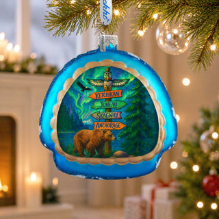 Alaska Bear & Totem Sign Glass Christmas Ornament - 756-028