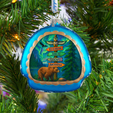 Alaska Bear & Totem Sign Glass Christmas Ornament - 756-028