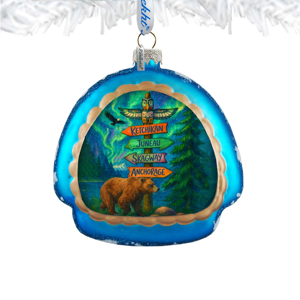 Alaska Bear & Totem Sign Glass Christmas Ornament - 756-028