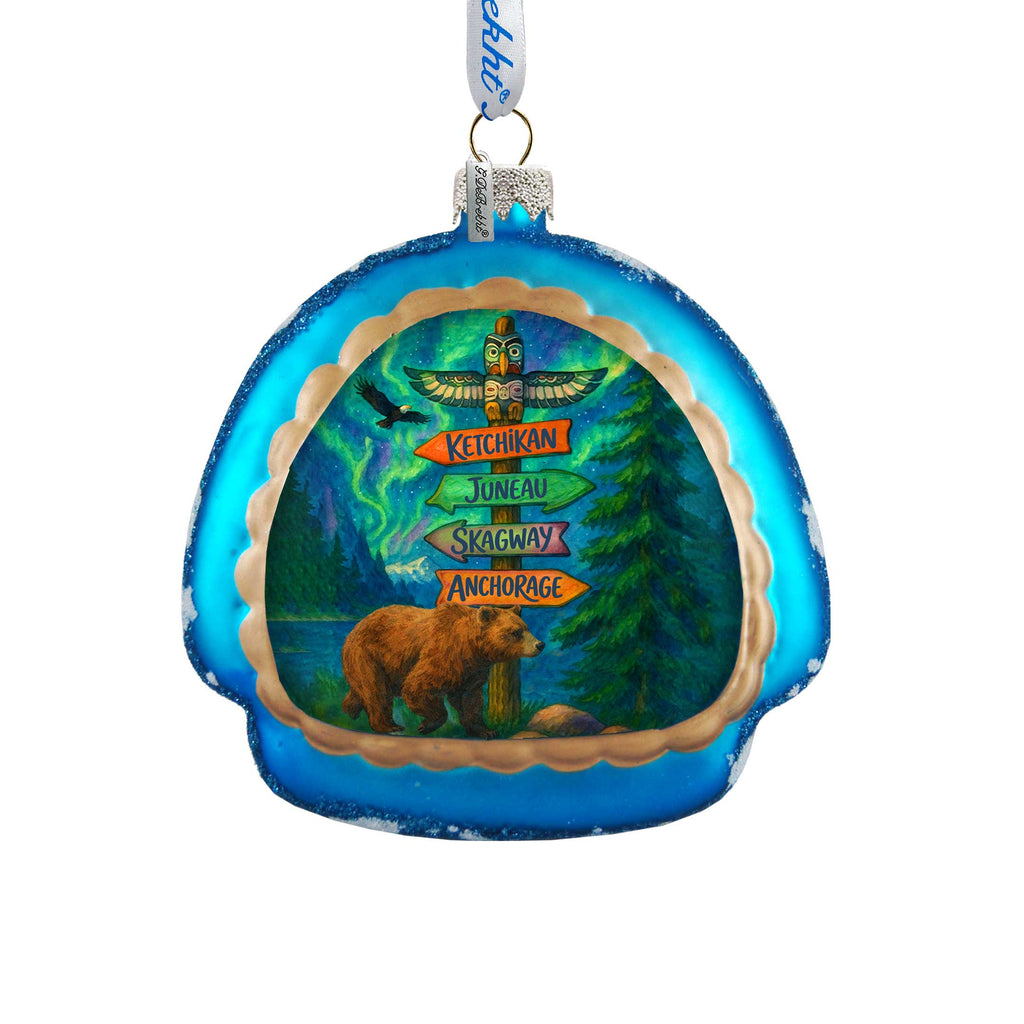 Alaska Bear & Totem Sign Glass Christmas Ornament - 756-028