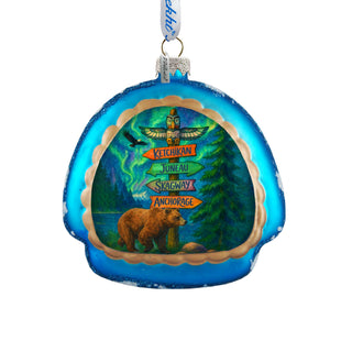 Alaska Bear & Totem Sign Glass Christmas Ornament - 756-028