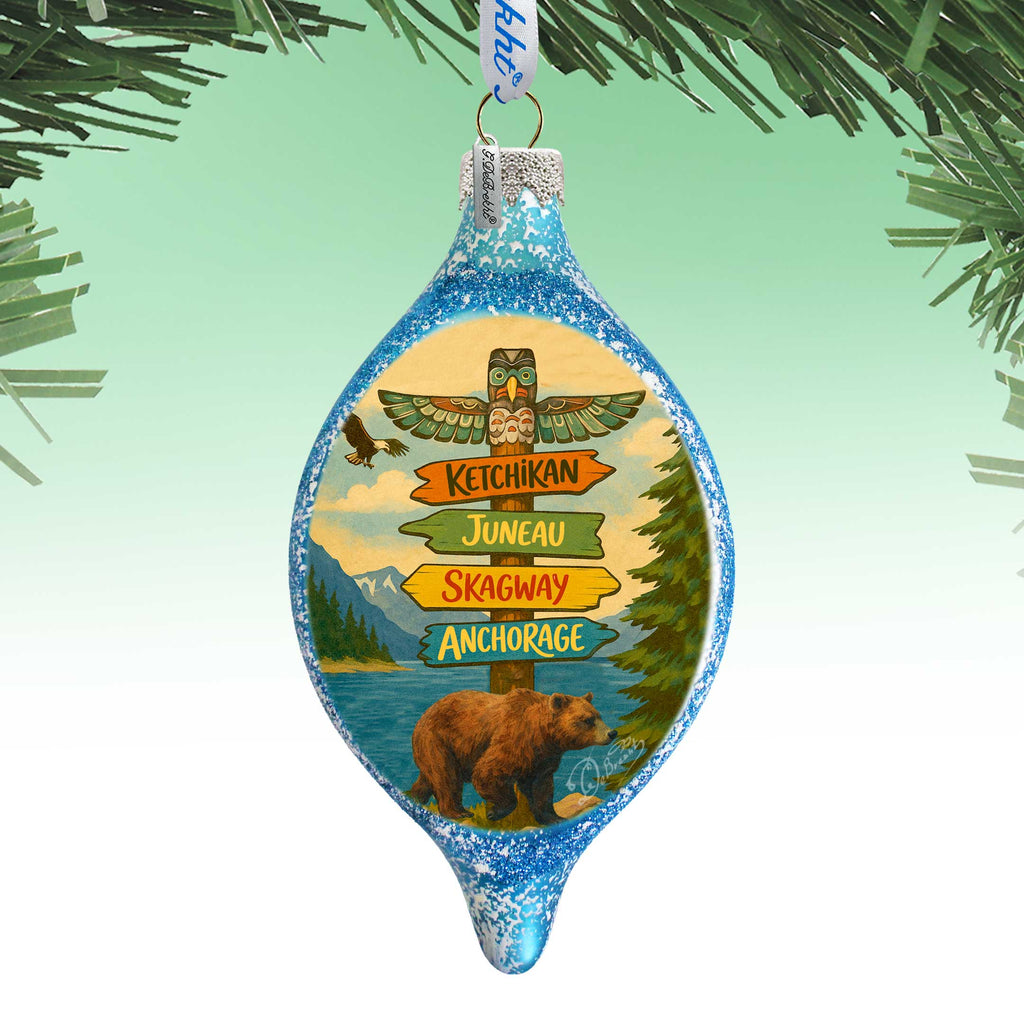 Alaska Bear Destination Signs Handblown Mercury Glass Christmas Ornament by G. Debrekht - 757-057