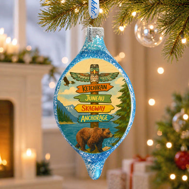 Alaska Bear Destination Signs Handblown Mercury Glass Christmas Ornament by G. Debrekht - 757-057