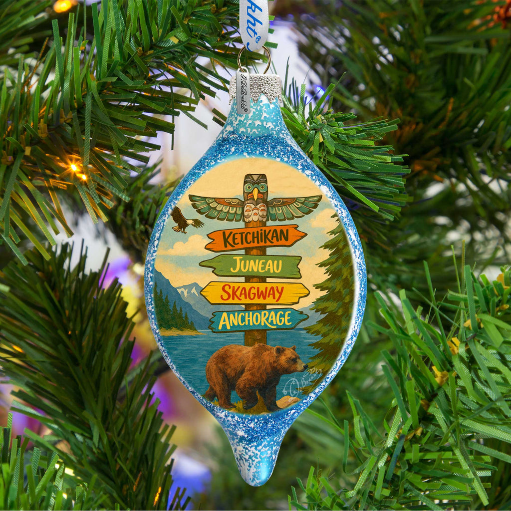 Alaska Bear Destination Signs Handblown Mercury Glass Christmas Ornament by G. Debrekht - 757-057