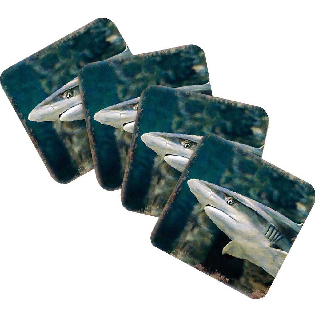 a collage of four square images, each depicting a shark in a different position.