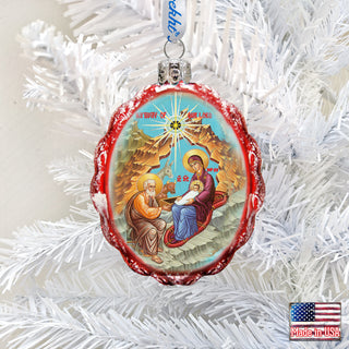 A red and blue ornament with a religious scene of the nativity, featuring the Virgin Mary, baby Jesus, and the saints.