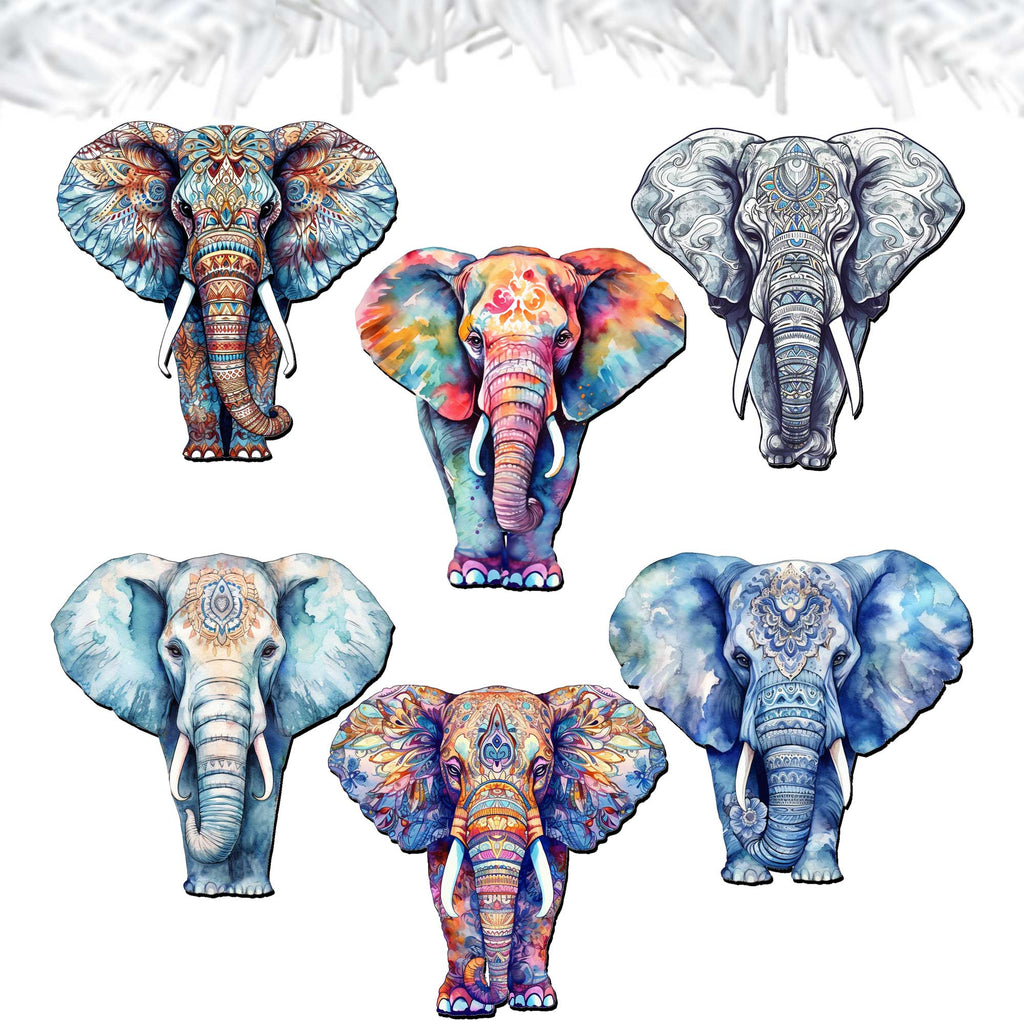 Elephants Clip-On Eco Wood Decorative Ornaments Set of 6 by G. Debrekht - Christmas Decor - 8090036C-S6