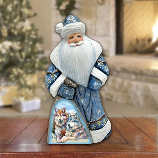 Winter Wolves Santa in Blue Hand-Painted WOODCARVED Masterpiece by G. DeBrekht - Christmas Decor - 8214824