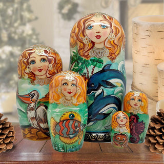 Dolphins 5 Hand-Painted Doll Coastal Matreshka Nesting Hand-Painted Dolls Set of 5 by G. DeBrekht - Coastal Holiday Decor - 1300813