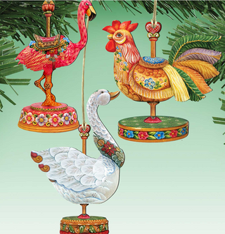 a collection of ornate, colorful ornaments hanging from a tree branch, including a flamingo, a rooster, and a swan.