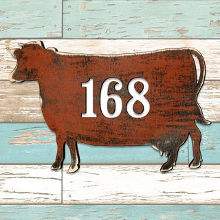 Cow Wooden Custom House Number Sign by G. DeBrekht - Nature Wildlife Decor - Handcrafted Wooden Handcrafted Wooden Address Sign - MA98140