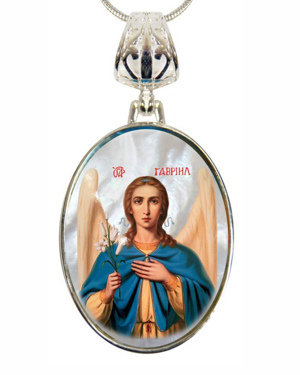 a pendant with a religious figure, possibly an angel, holding a flower.