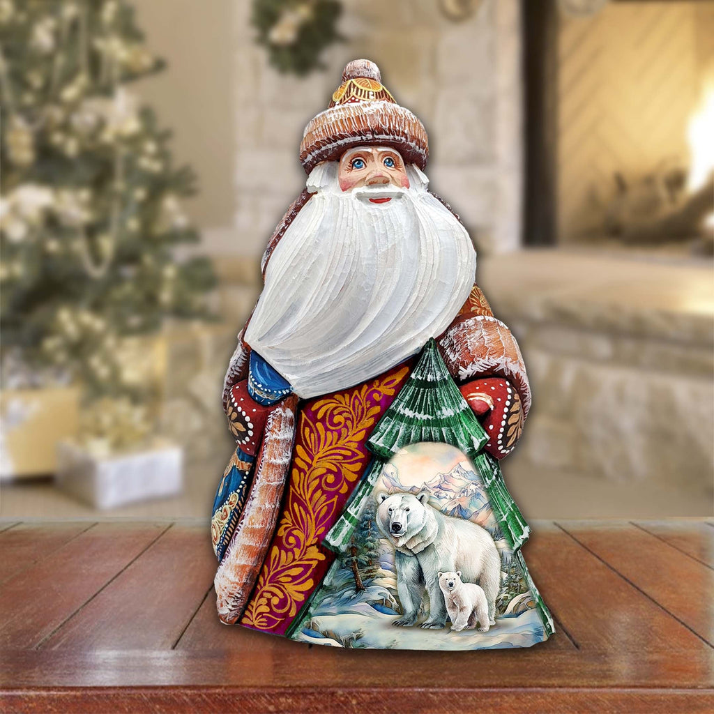 Polar Bear with Cub Santa Hand-Painted WOODCARVED Figurine by G. DeBrekht - Christmas Santa Snowman Decor - 8208016