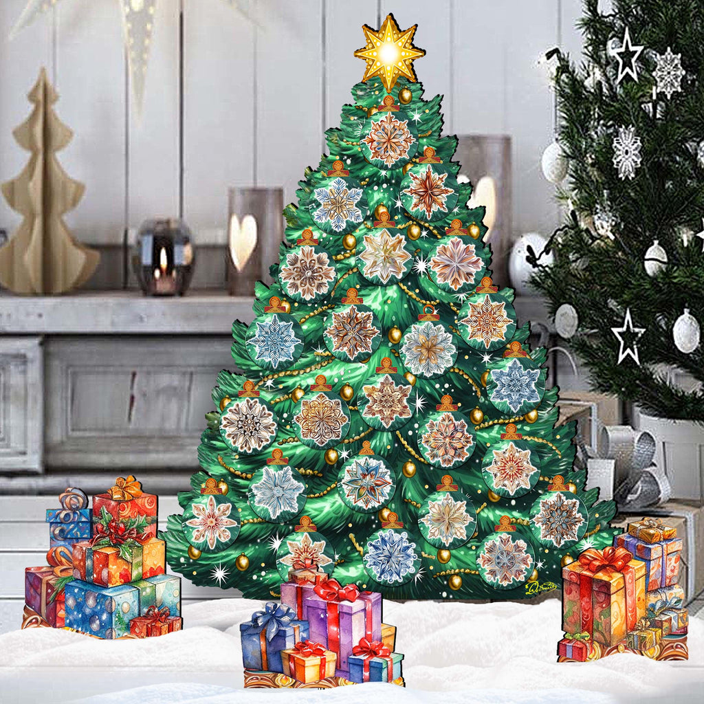 A large, colorful Christmas tree decorated with various ornaments and lights stands in the center of the image, surrounded by wrapped gifts and a snowy landscape.