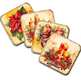 a collection of four square coasters, each featuring a different holiday-themed design. The coasters are arranged in a row, with the first one depicting a poinsettia flower, the second one showing a bow, the third one featuring a candle, and the fourth one showcasing a wreath with berries.