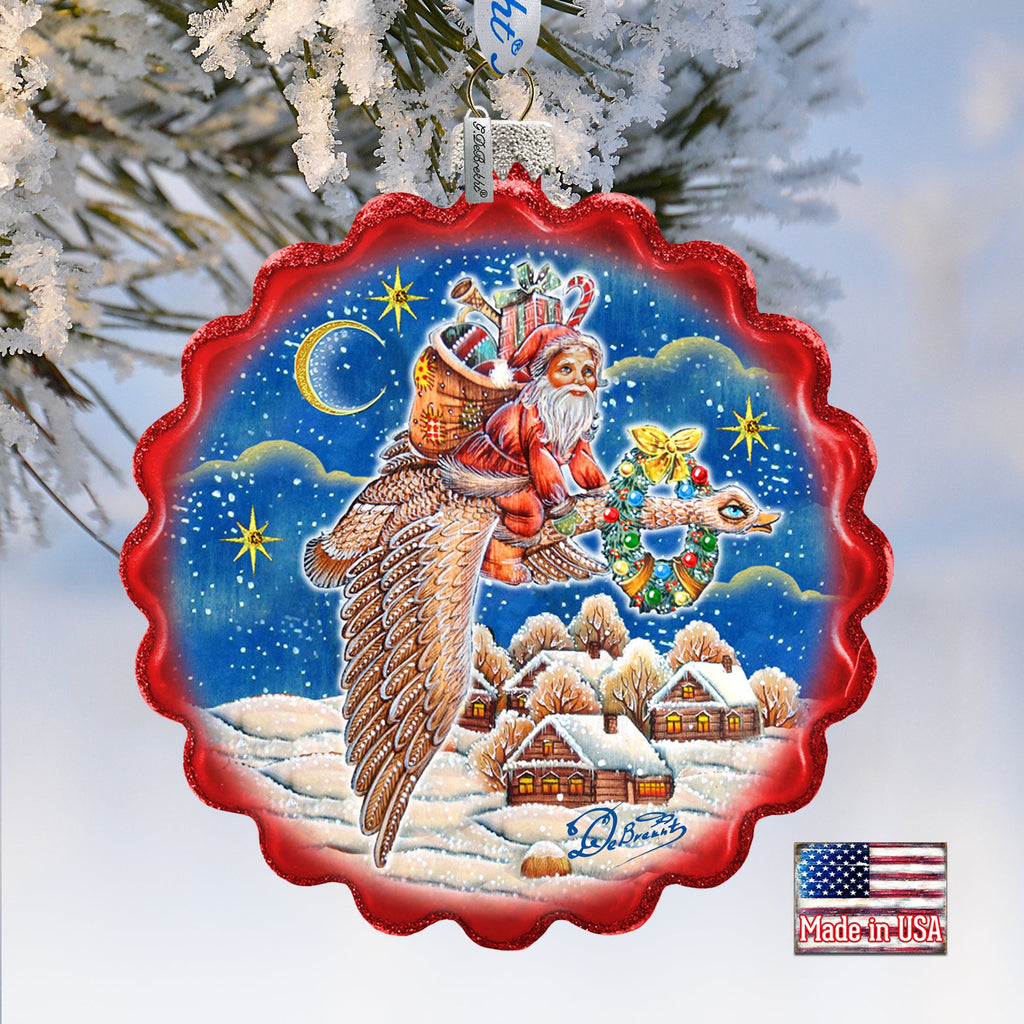 Santa on Goose Wreath Glass Ornament by G. DeBrekht - Christmas Santa Snowman Decor - 759-036