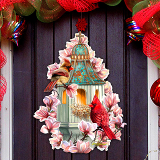 A birdhouse with two birds perched on it, surrounded by pink flowers and a red cardinal.
